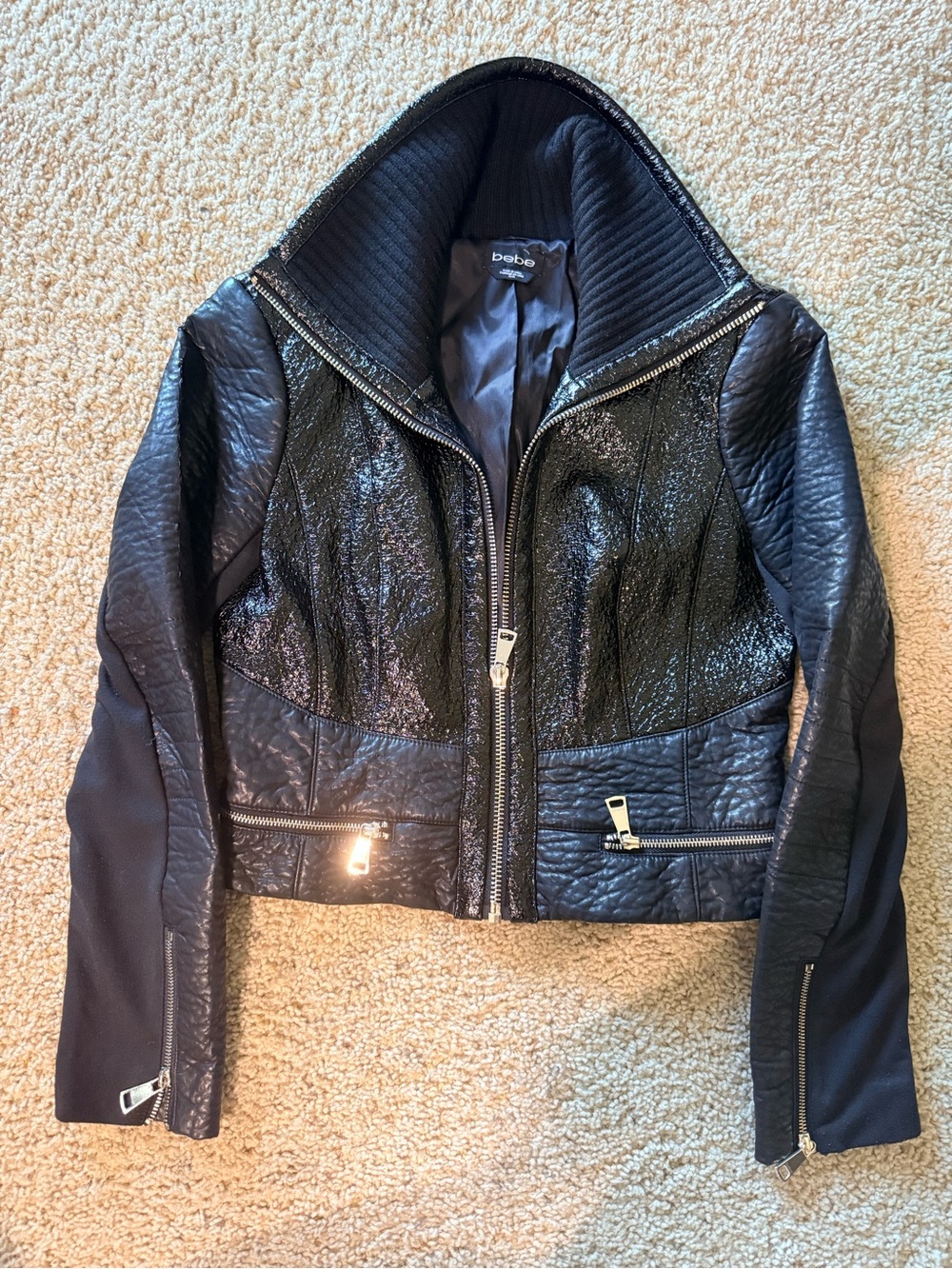Bebe Black Moto Jacket Women’s Size M Textured Faux Leather Zip Up